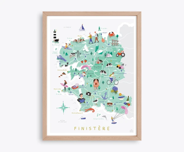 LE FINISTÈRE - Carte de la Bretagne / Département Breton - Affiche illustrée
