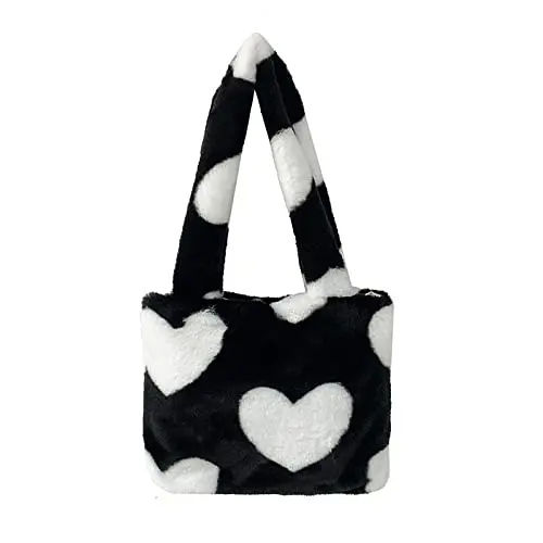 QIANSHENG Sac à bandoulière Moelleux pour Femmes Sac fourre-Tout en Fourrure pour Femmes Grand Sac à Main en Peluche Impression de Coeur d'amour Mignon Filles Hiver Sac à Main Moelleux Portefeuille