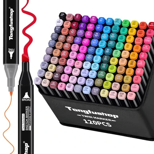 Tongfushop 120+2 Couleurs Feutre a Alcool, Feutres Coloriage Adulte, Marqueurs à Croquis Double Pointe avec Pochette de Transport et Espaceur, Marqueur Permanent pour Animation Art Esquisse