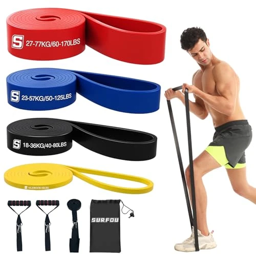 SURFOU Elastique Musculation 4 Niveaux, Bande avec Sac de Transport, Guide d’Exercice, avec Ancre de Porte et 2 Poignées – Parfaite pour Fitness, Yoga, Pilates, Mobilité et Étirements