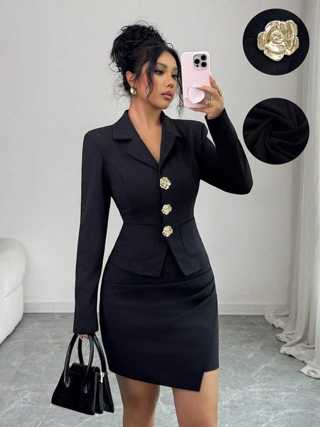 Elenzga Ensemble tailleur élégant, à la mode, pratique pour les trajets quotidiens, confortable, charmant, rétro, minimaliste, haut de gamme, romantique, doux, moderne et raffiné, adapté au travail. Manches longues, col, taille cintrée, coupe ajustée, bouton rose métallisé, ourlet asymétrique froncé, couleur unie. | Mode en ligne | SHEIN FRANCE