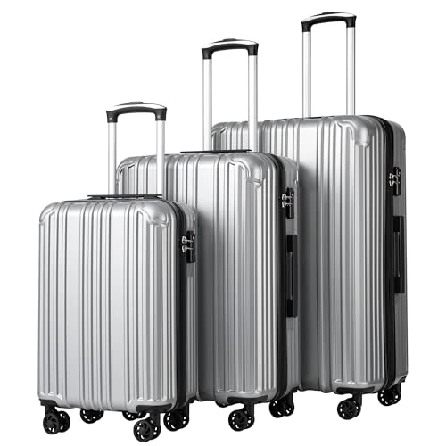 COOLIFE |  Luggage Expandable Suitcase PC+ABS 3 Piece Set with TSA Lock Spinner Carry on 20"24"28" (Silver, 3 piece set)