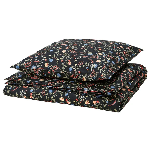 BRUDKRUSBÄR Housse de couette et 1 taie - noir multicolore/motif floral 150x200/65x65 cm