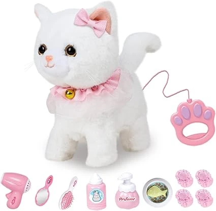 RuiDaXiang Jouet électronique en Peluche pour Chat avec Laisse télécommandée, Chat interactif réaliste, Marchant, aboyant et remuant la Queue, Comprend des Accessoires pour Chat(Blanc Chat)