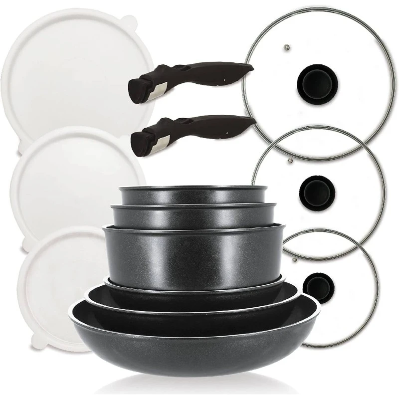 MENASTYL - set de 14 pièces : 3 poêles + 3 casseroles + 3 couvercles verre + 3 couvercles + 2 poignées