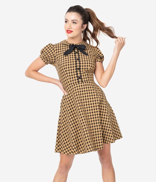 Voodoo Vixen 1960s Style Tan & Black Gingham Fit & Flare Dress