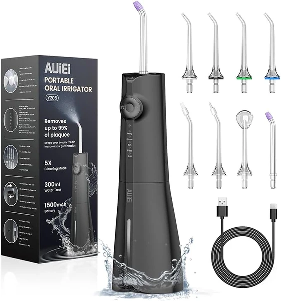 AUIEI Portable Water Flosser Dental Jet Water Flosser, Oral Irrigator 5 Modes and 8 Nozzles, 300ml Tank, USB Charged, IPX7 Waterproof, Sensitive Gum (Black)