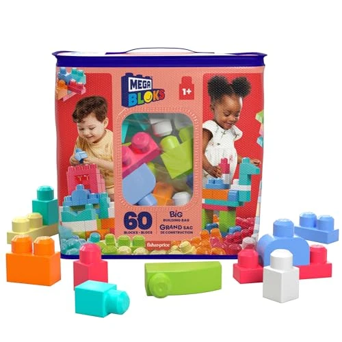 MEGA Bloks, Blocs De Construction, Grand Sac De Construction Rose, Couleurs Classiques, 60 Blocs De Construction Empilables, Jouet Enfant, Jouet pour Enfant de 1 ans et Plus, DCH54