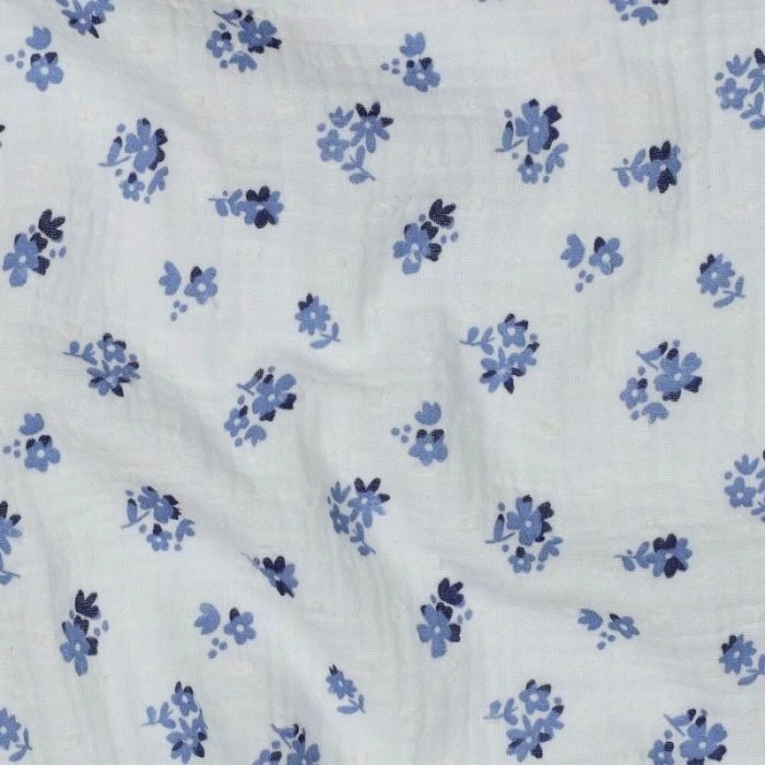 double gaze coton plumetis fleurs bleues blanc