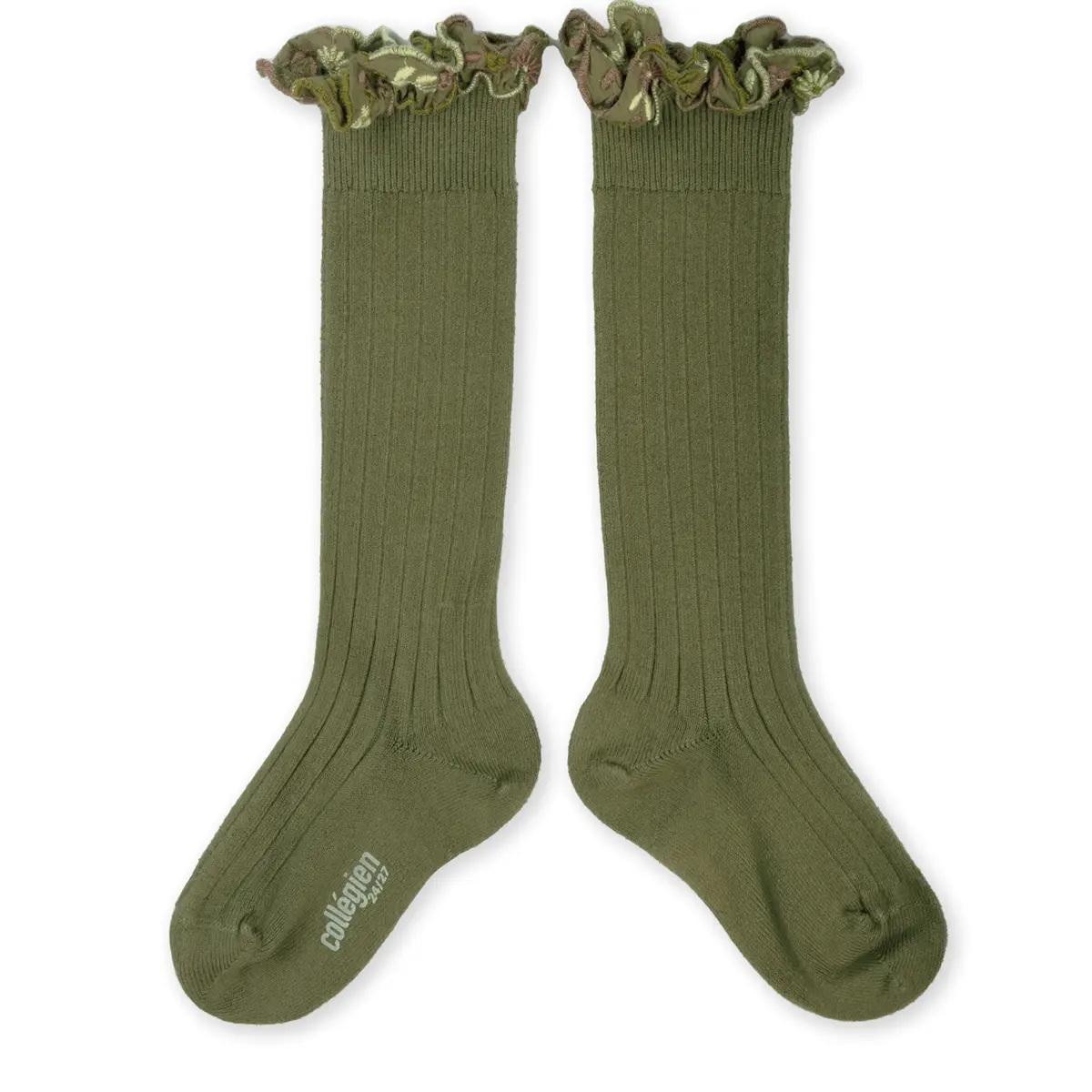 Eglantine - Chaussettes hautes avec volant brodé fleurs - Olive du Lubéron