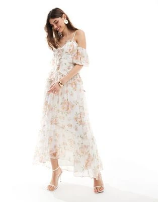 ASOS DESIGN - Robe volantée mi-longue à imprimé fleuri corsage lacé et encolure bardot | ASOS