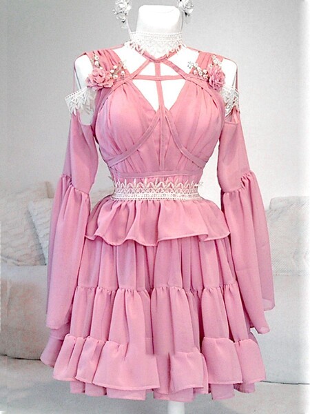 Women'S Pink V-Neck Stitching Lace Dress