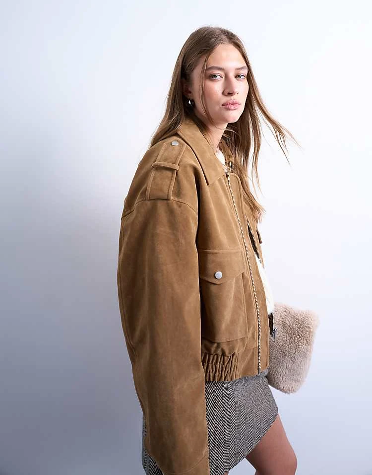 Topshop - Bomber court en imitation daim avec boutons-pression - Camel