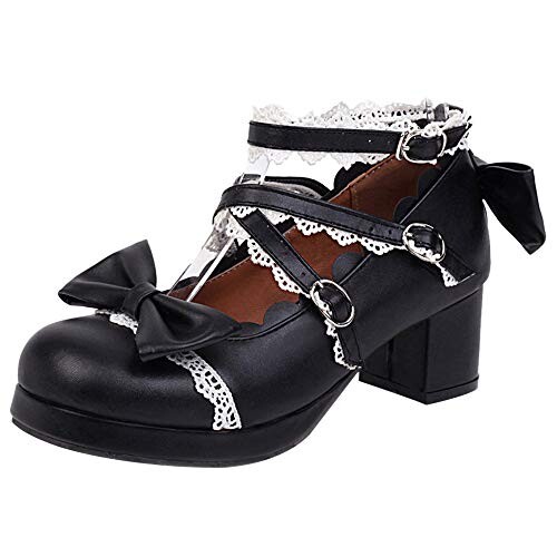 FOLOPOBO Femmes Sweet Bowknot Lolita Chaussures with Lace Bloc Bout Rond Escarpins Bride Cheville Robe Chaussures Black Taille 39 Asiatique