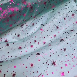Tissu organza transparent bleu étoile astres fuchsia et argenté