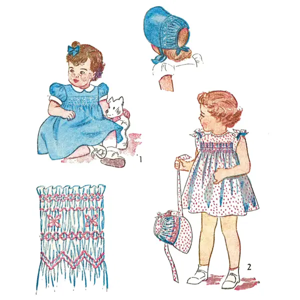 PDF - Modèle des années 1940, robe et bonnet pour enfant avec smocks - Tour de poitrine 20" (50,8 cm) - Imprimez instantanément à la maison