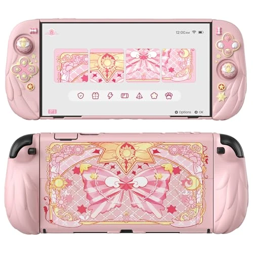 playvital Coque pour Nintendo Switch 2 Console avec Silicone Cover Joycon &amp; Capuchon Joystick pour Switch 2 Accessoire,Housse Dockable Étuis de Protection-Rose，Style Ailes Magiques