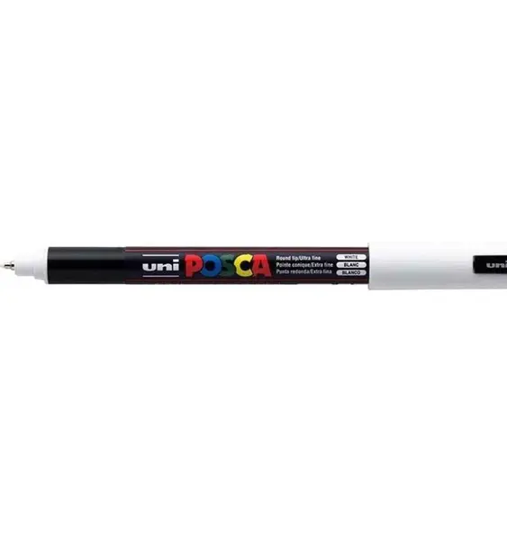 Uni Posca PC-1MR 1 Marqueur peinture Pointe ultra fine de 0,7 mm pour écrire sur surfaces en verre, plastique, bois, métal ou tissu Couleur : Blanc