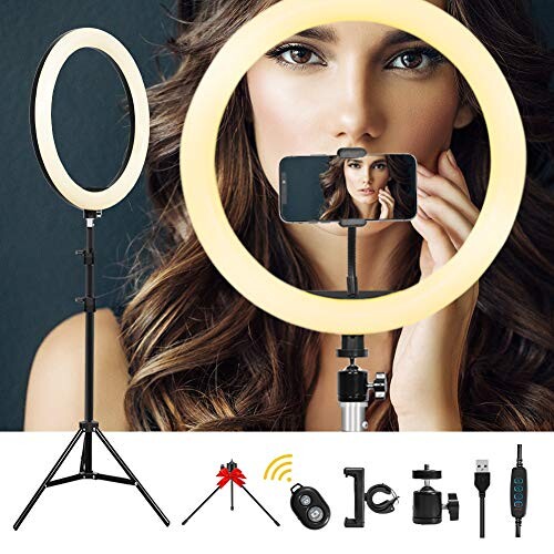 LED Ring Light 10'' avec Trépied et Support de Téléphone, Tuyau Flexible, Alimenté par USB, Anneau Lumineux Gradable 3000K-6500K pour Selfie, Maquillage, Tournage Vidéo Youtube