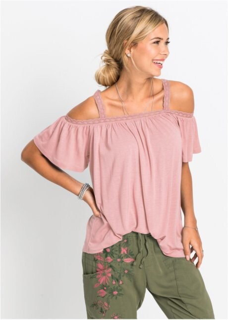 T-shirt à épaules dénudées avec galon en dentelle rose bonbon