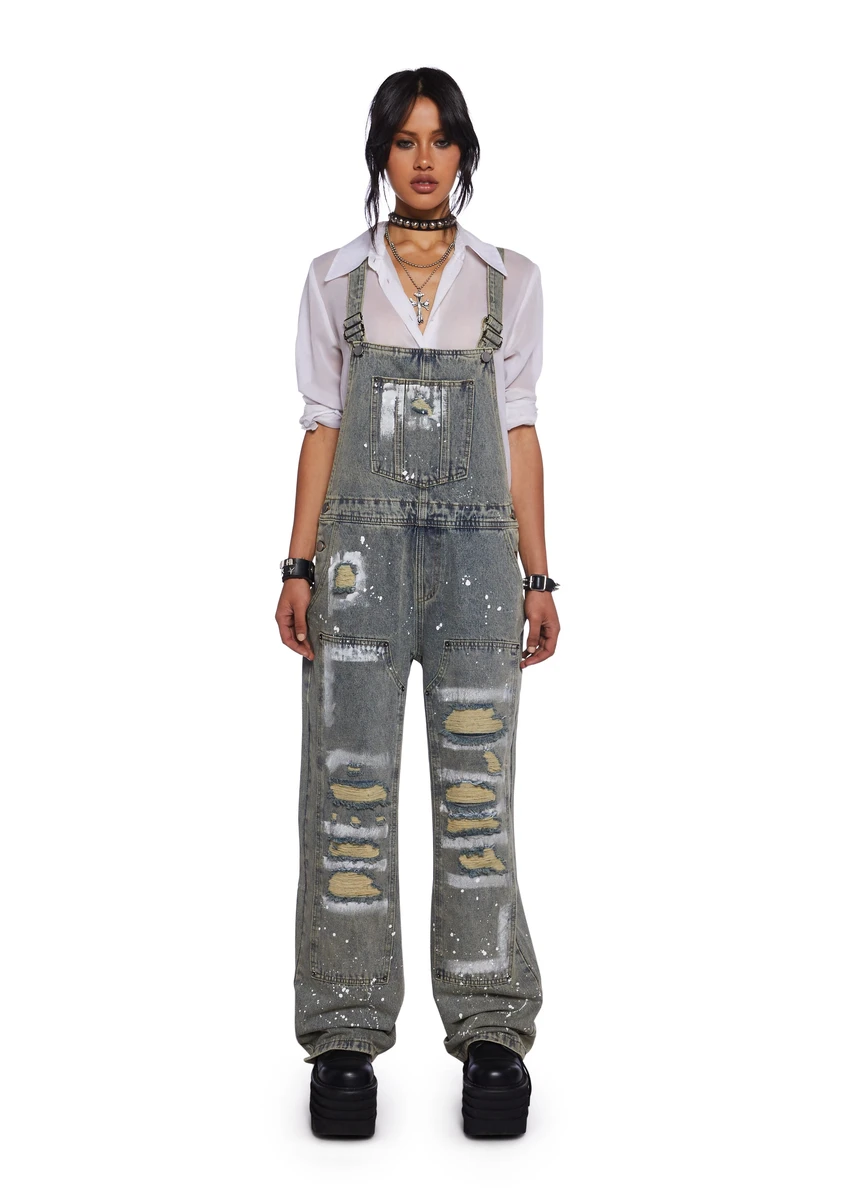 Current Mood Distressed Paint Acid Wash Denim Overalls - Blue