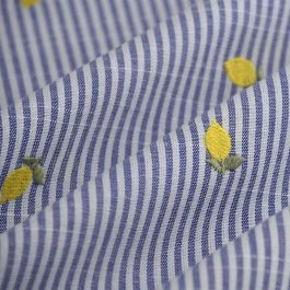 Tissu toile polyester viscose rayure bleu blanc brodé citron