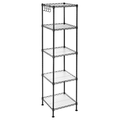 SONGMICS Étagère pour salle de bain à 5 niveaux, Étagère d’angle métallique robuste, charge 100 kg, avec 5 planches en plastique, crochets amovibles, 30 x 30 x 123,5 cm, extensible, Noir LGR23BK