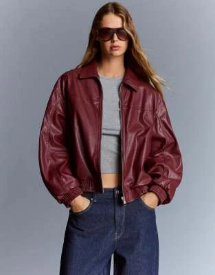Bershka - Veste oversize en imitation cuir - Bordeaux