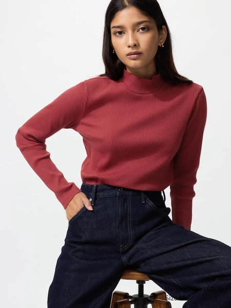 T-shirt côtelé (Manches longues, Col montant) pour Femme | UNIQLO FR