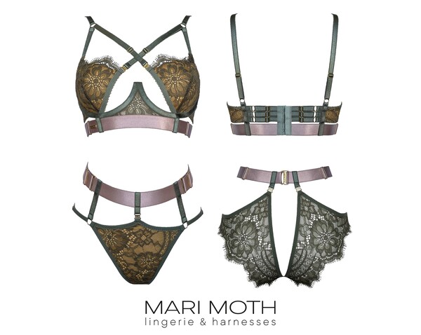 Elsie - lingerie set in olive, mustard and silver pink color with gold brandet hardware, exclusive limited edition