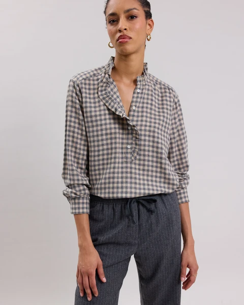 Chemise Femme en laine mélangée imprimé à carreaux Beige & Gris Carmen