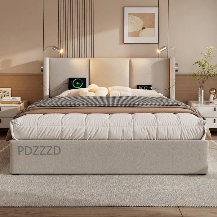 Lit coffre double 140 x 200 cm en lin beige Coffre de rangement avec lampe de lecture et USB Sommier à lattes Sans matelas