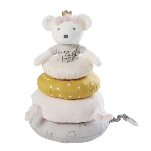 Tour d'éveil en coton rose, jaune moutarde et gris imprimé