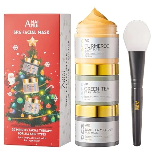 ANAiRUi Coffret Cadeau Masque Visage Argile, Masque Visage au Curcuma + Masque d'Argile Détox au thé Vert + Masque de Boue aux Minéraux de la Mer Morte