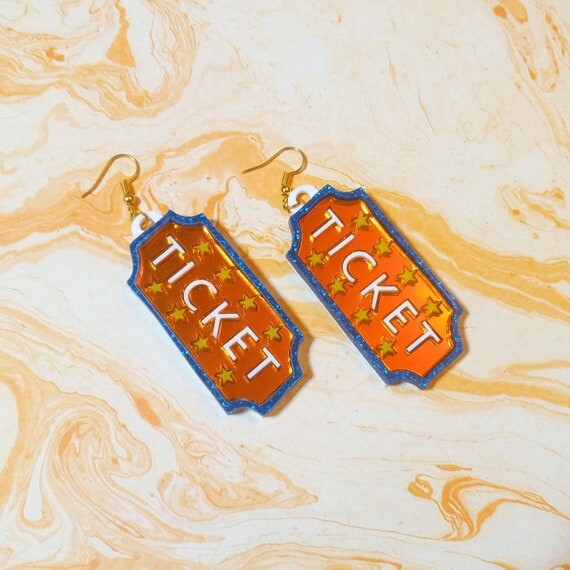 Colorful Circus TICKET Entry Acrylic Earrings in Orange, White, Yellow, Glitter Blue, With Gold Plated Earring Hooks // Plastic Jewelry