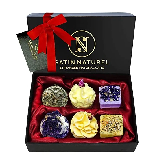 6 Bombes de Bain BIO à l'Huile Essentielle"Moments Divins" - Coffret Cadeau Femme Vegan - Idée Cadeau Femme de Luxe avec Nœud en Satin - Boules de Bain Senteur Relaxante pour Bain Moussant