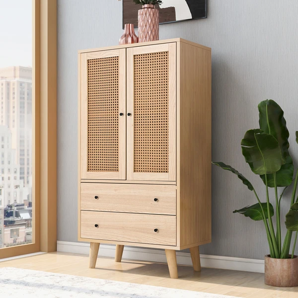 Buffet haut avec 2 portes et 2 tiroirs en bois panneaux de particules - style classique - coloris chêne