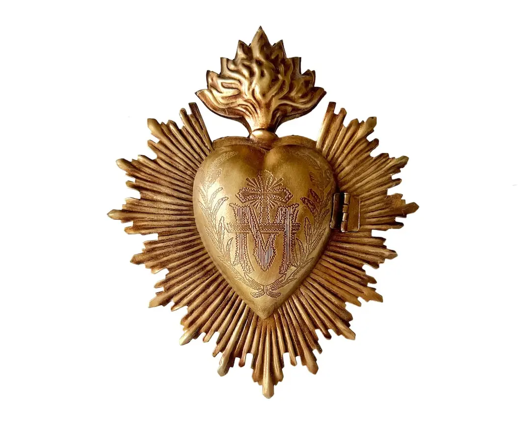 Sacred Heart, Milagro Heart, Antique Gold Heart Box, Catholic Heart, Prayer Box