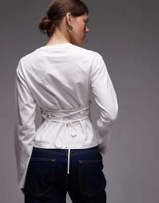 ASOS DESIGN - T-shirt style corset manches longues noué au dos - Blanc