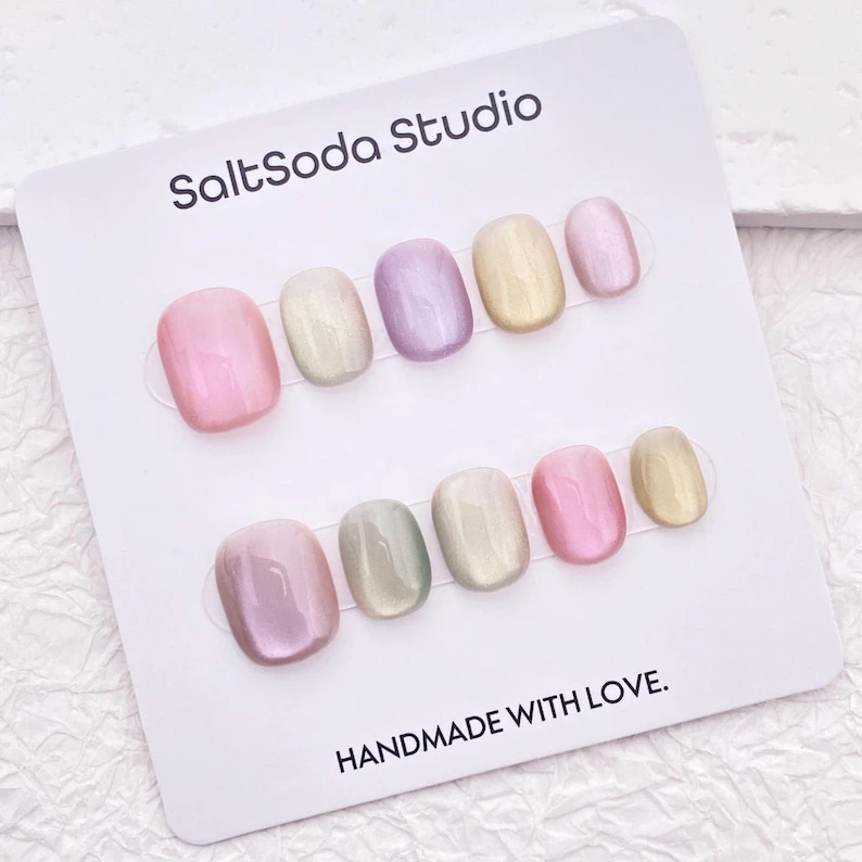 Ongles à presser oeil de chat couleur bonbon : ensemble d'ongles courts et ronds en macaron