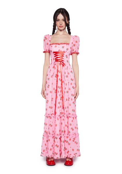Dolls Kill x Strawberry Shortcake Strawberry Floral Print Maxi Dress With Shirred Back And Ribbon Ties - Pink