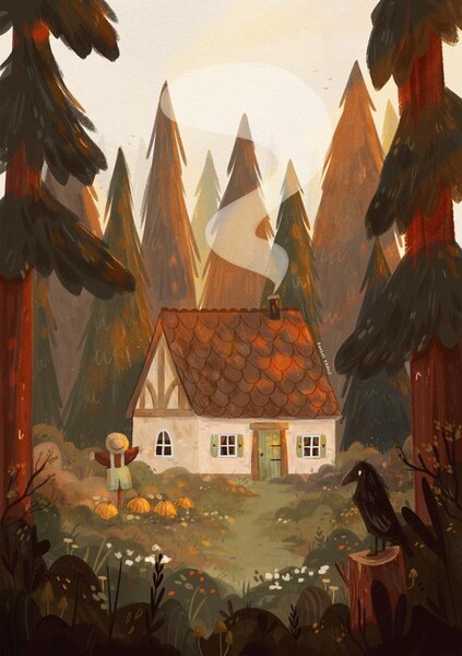 Autumn Forest Cottage Art Print