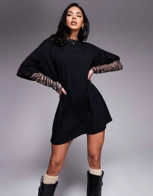 ASOS DESIGN - Robe t-shirt courte 2-en-1 avec manches longues en tulle à zébrures | ASOS