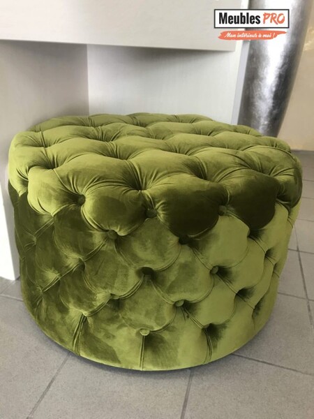 Pouf rond vert olive capitonné en velours - Mon Comptoir Local