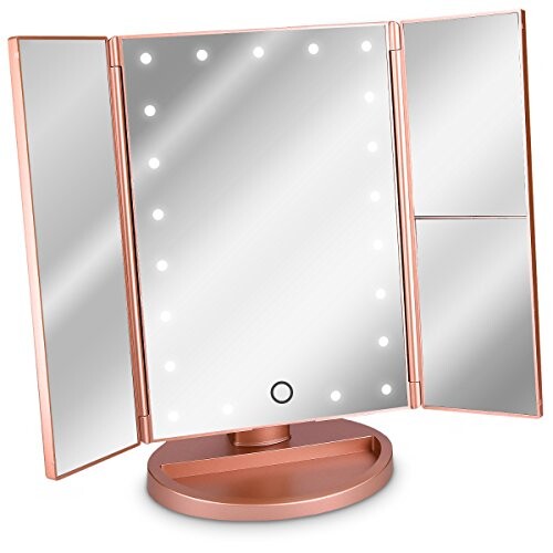 Navaris Miroir Lumineux LED 3 Faces à Poser - Miroir Maquillage Triptyque Pliable sur Pied avec Effet Grossissant x2 x3 - Pile ou USB - Rose doré