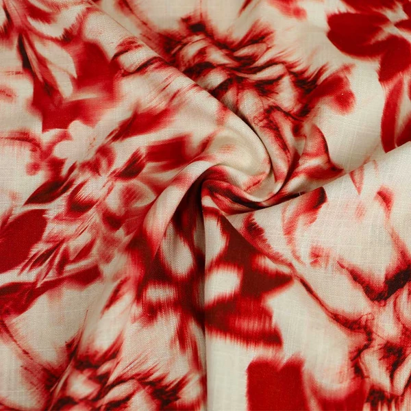 Tissu viscose-lin écru à motif floral rouge | Tissu pour couture d'habits fluide et léger