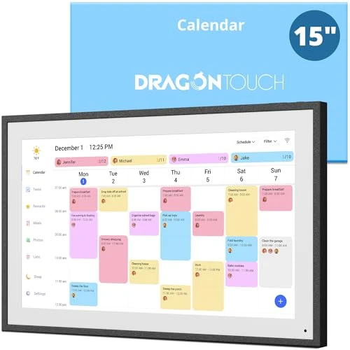 Dragon Touch 15,6" Calendrier Numérique - Calendrier Mural Électronique, Agenda Familial avec Mémoire de 32 Go, Calendrier de Bureau Intelligent à Écran Tactile, Cadre Photo Numérique WIFI, TM15 Noir
