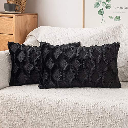 MIULEE Lot de 2 Housses de Coussins Doux Peluche en Laine et Daim avec des Motifs de Diamant sur Deux Faces Décoratif Taie d'oreiller à Salon Chambre Canapé 30x50 cm Noir