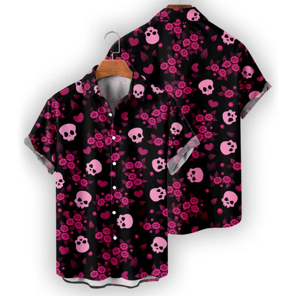 Black Pink Skull Pattern Hawaiian Shirt – Bold Tropical Punk Style