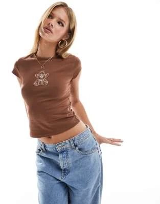ASOS DESIGN - T-shirt effet rétréci avec ours cowboy brodé - Marron
